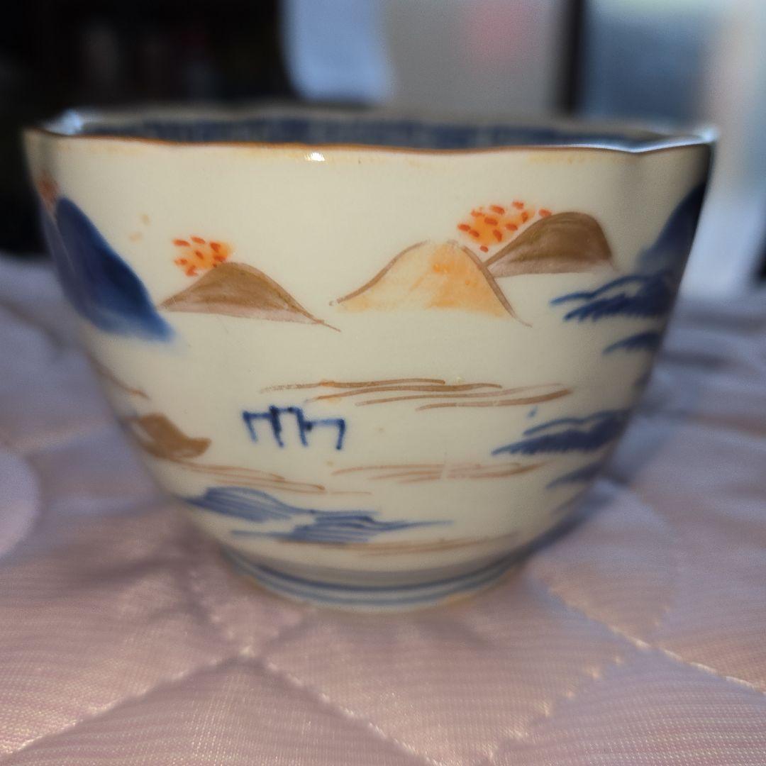 向付5客 山水 色付き金 染付