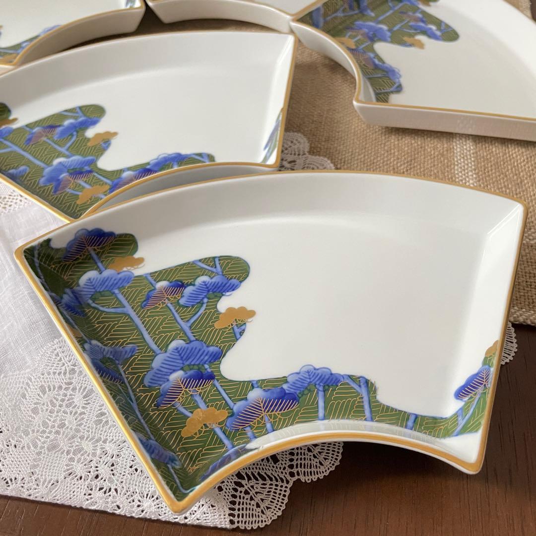 【皇室御用達】深川製磁 扇形皿 5客セット 松文様 金彩 有田焼 銘々皿 美品