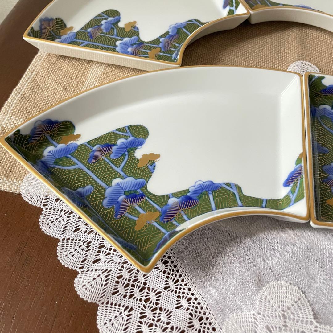 【皇室御用達】深川製磁 扇形皿 5客セット 松文様 金彩 有田焼 銘々皿 美品