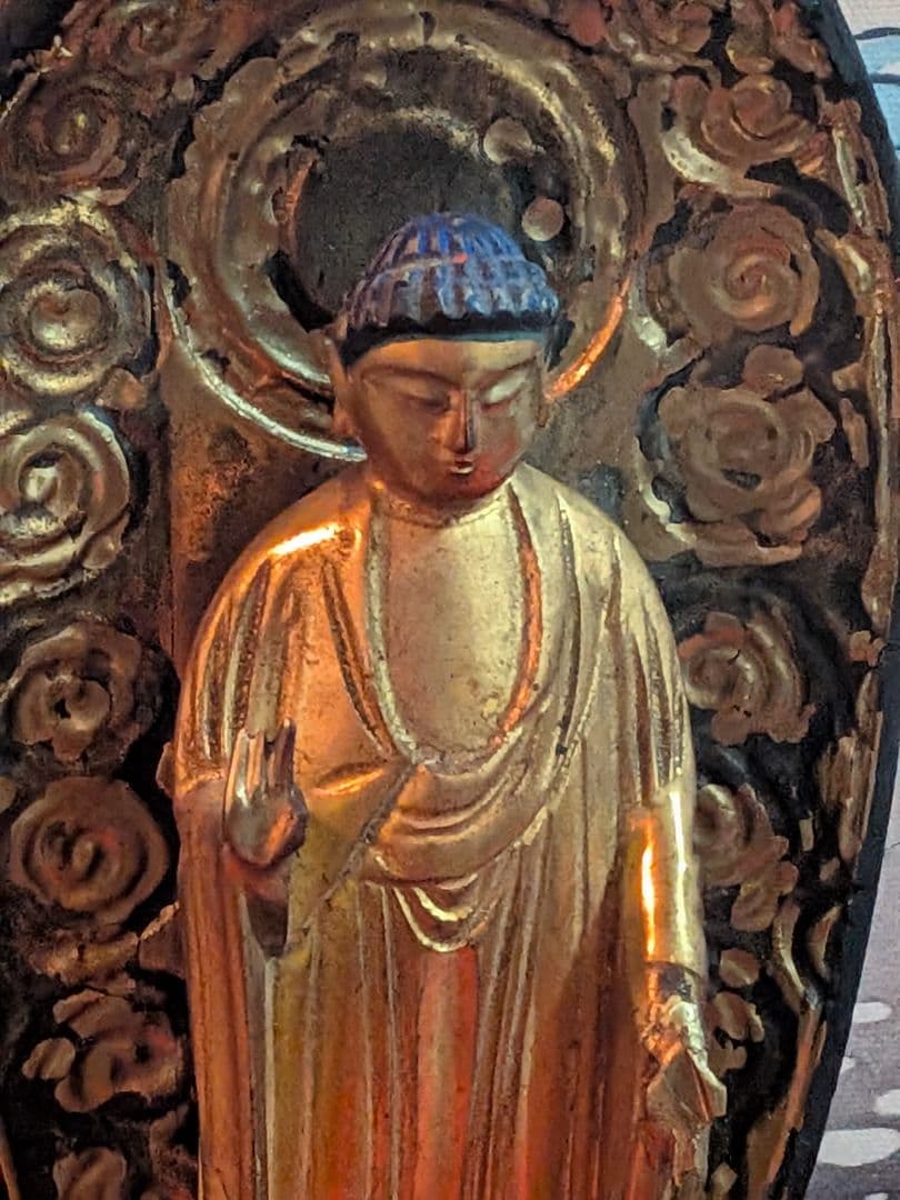 江戸時代後期頃木製仏教美術木彫阿弥陀如来高さ３４センチ立像リペア修正痕跡有当時物