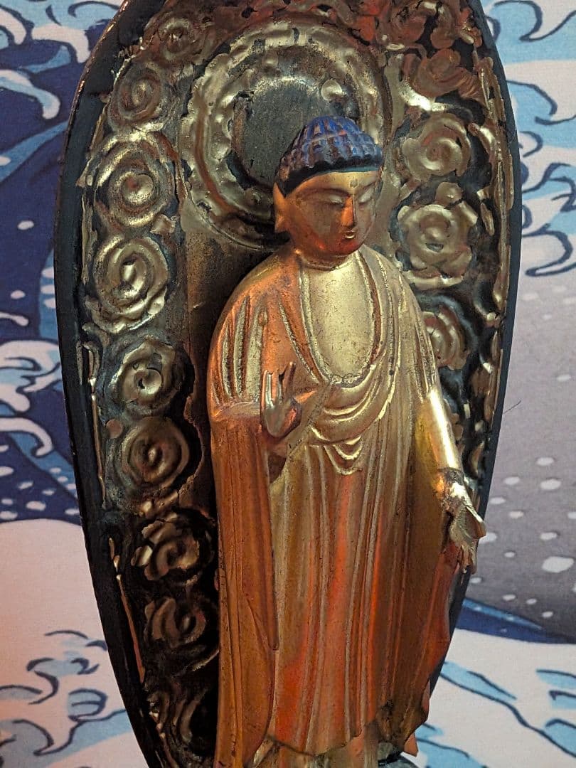 江戸時代後期頃木製仏教美術木彫阿弥陀如来高さ３４センチ立像リペア修正痕跡有当時物