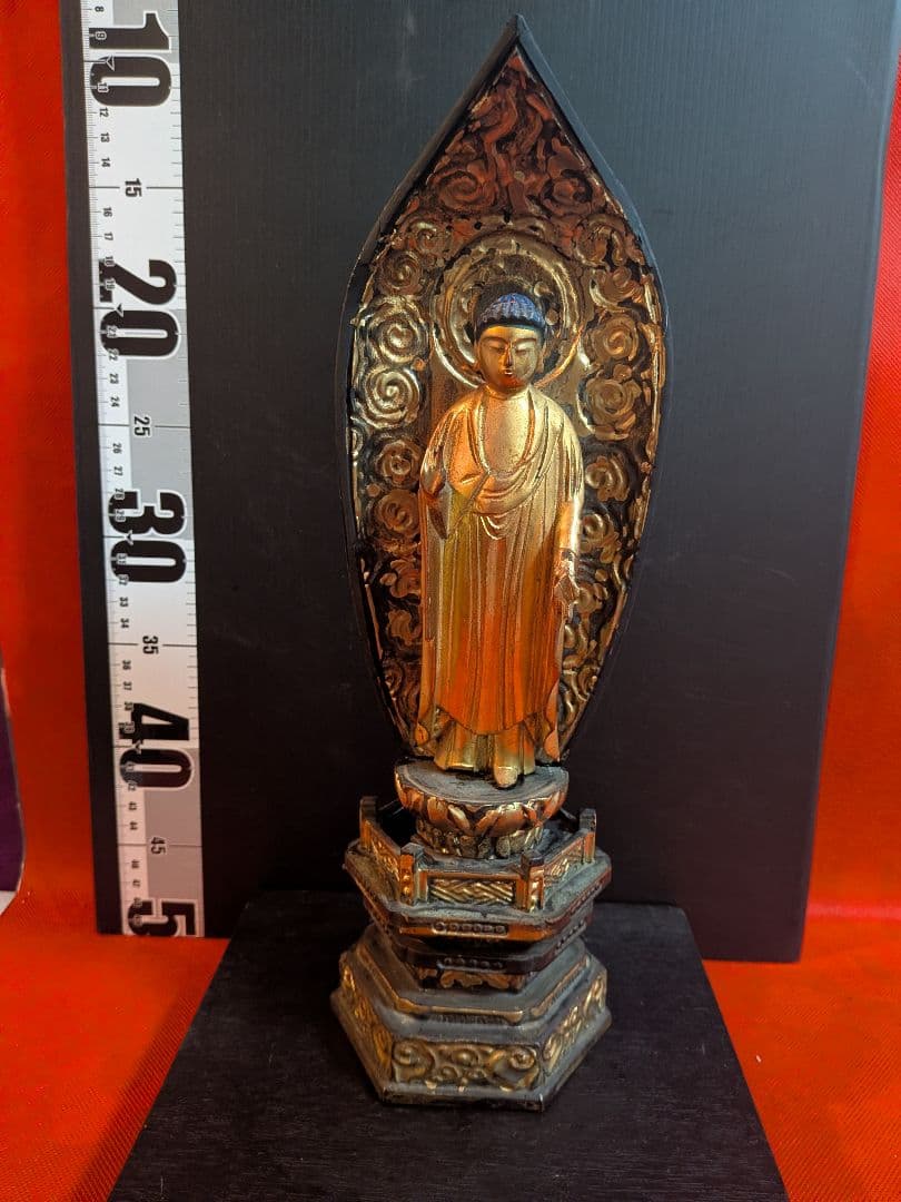 江戸時代後期頃木製仏教美術木彫阿弥陀如来高さ３４センチ立像リペア修正痕跡有当時物