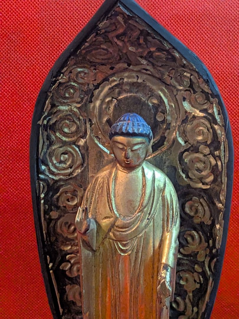 江戸時代後期頃木製仏教美術木彫阿弥陀如来高さ３４センチ立像リペア修正痕跡有当時物