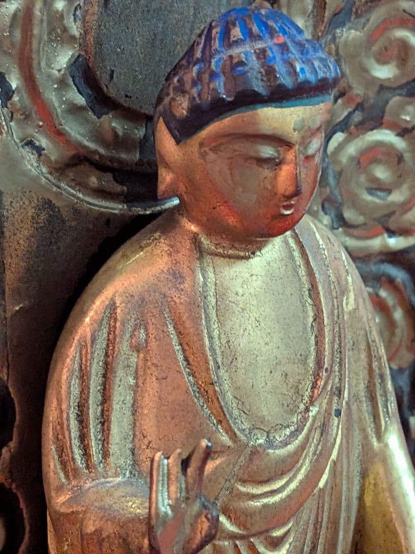 江戸時代後期頃木製仏教美術木彫阿弥陀如来高さ３４センチ立像リペア修正痕跡有当時物