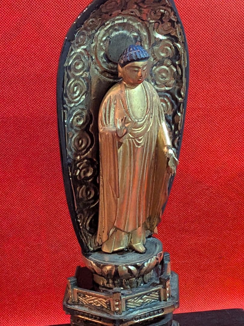 江戸時代後期頃木製仏教美術木彫阿弥陀如来高さ３４センチ立像リペア修正痕跡有当時物