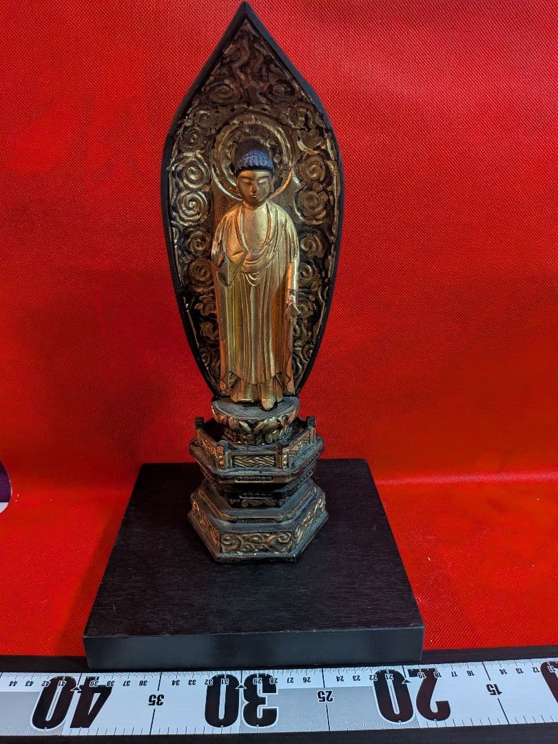 江戸時代後期頃木製仏教美術木彫阿弥陀如来高さ３４センチ立像リペア修正痕跡有当時物