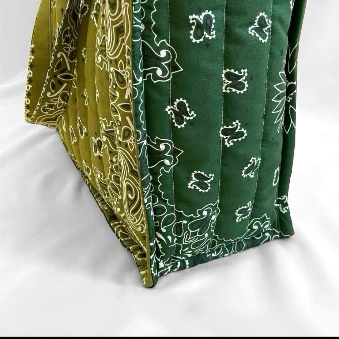 再販⭐︎キルトビッグトート　オリーブ×グリーン ペイズリー柄　ダブルハンドル