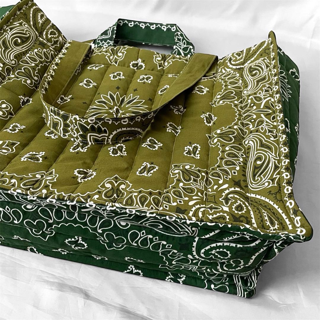 再販⭐︎キルトビッグトート　オリーブ×グリーン ペイズリー柄　ダブルハンドル