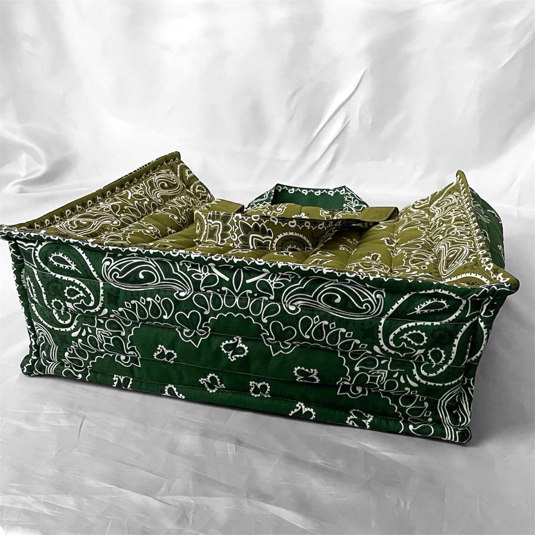 再販⭐︎キルトビッグトート　オリーブ×グリーン ペイズリー柄　ダブルハンドル