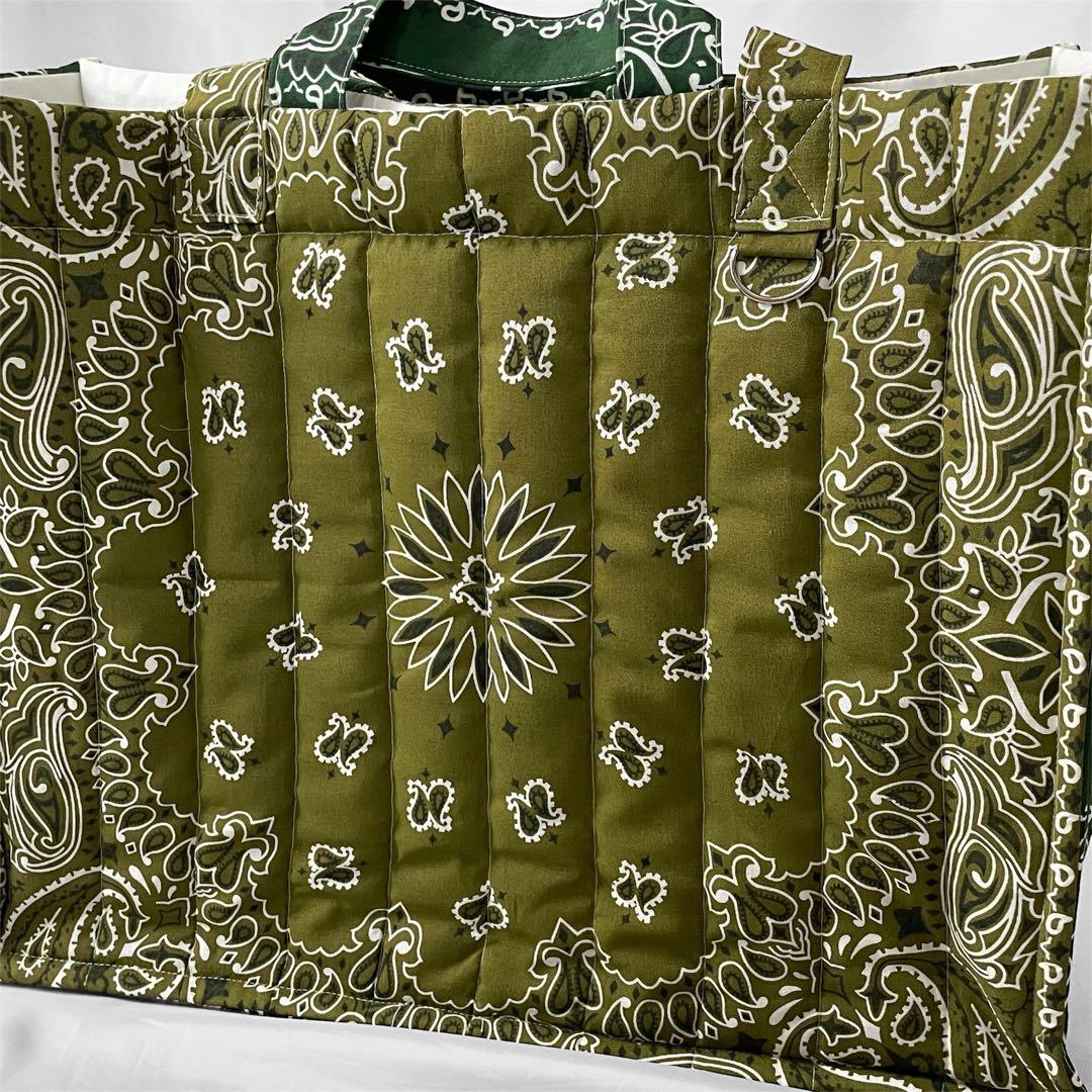 再販⭐︎キルトビッグトート　オリーブ×グリーン ペイズリー柄　ダブルハンドル