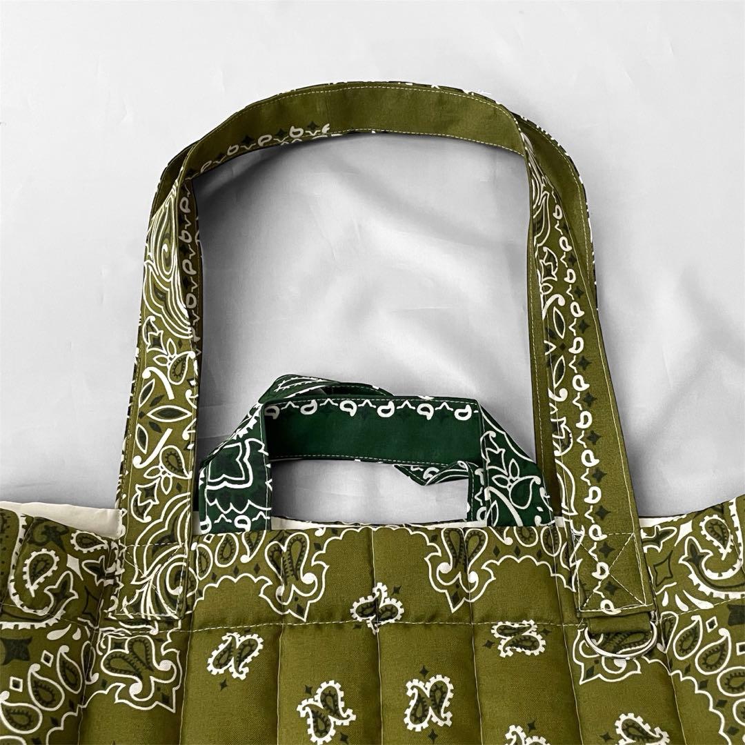 再販⭐︎キルトビッグトート　オリーブ×グリーン ペイズリー柄　ダブルハンドル