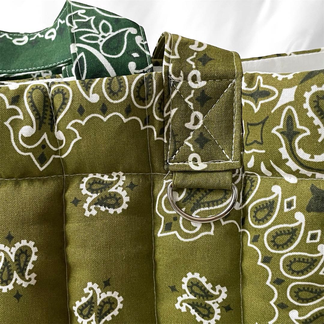 再販⭐︎キルトビッグトート　オリーブ×グリーン ペイズリー柄　ダブルハンドル