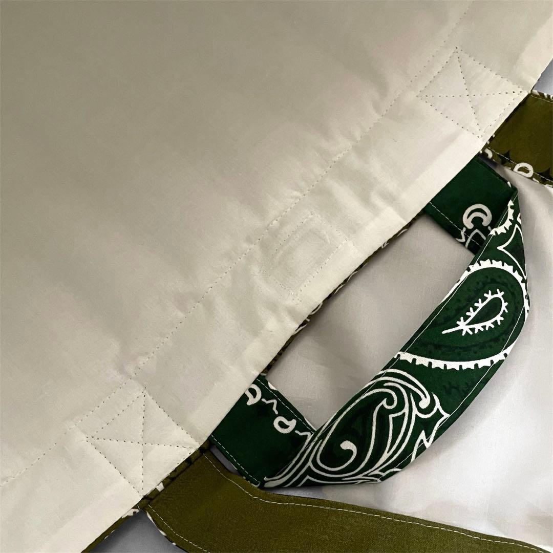 再販⭐︎キルトビッグトート　オリーブ×グリーン ペイズリー柄　ダブルハンドル