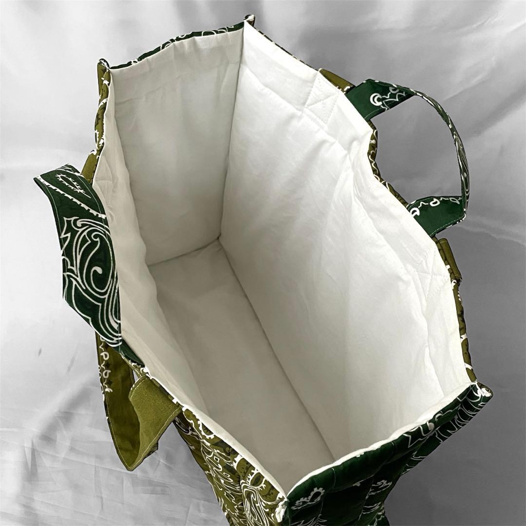 再販⭐︎キルトビッグトート　オリーブ×グリーン ペイズリー柄　ダブルハンドル