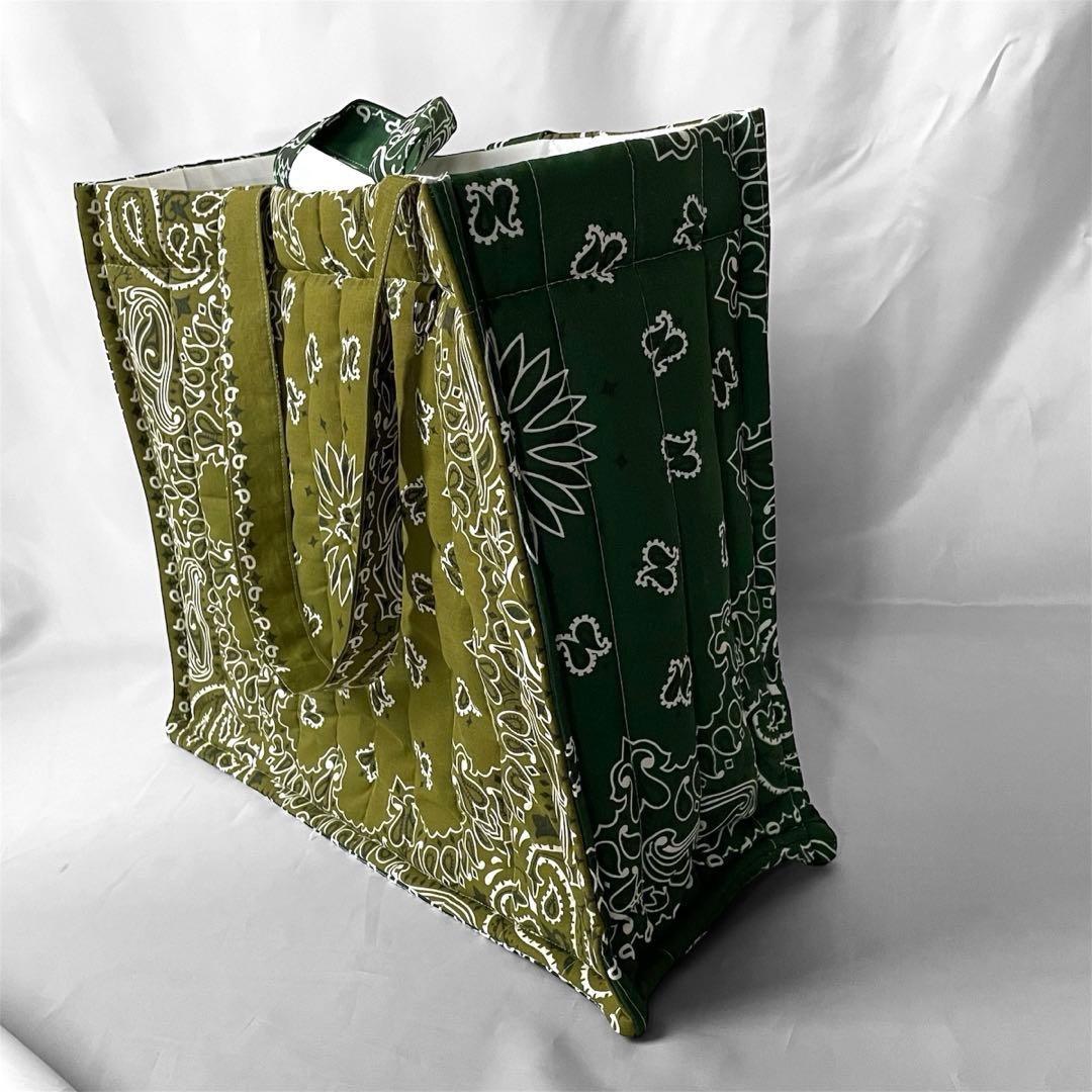 再販⭐︎キルトビッグトート　オリーブ×グリーン ペイズリー柄　ダブルハンドル