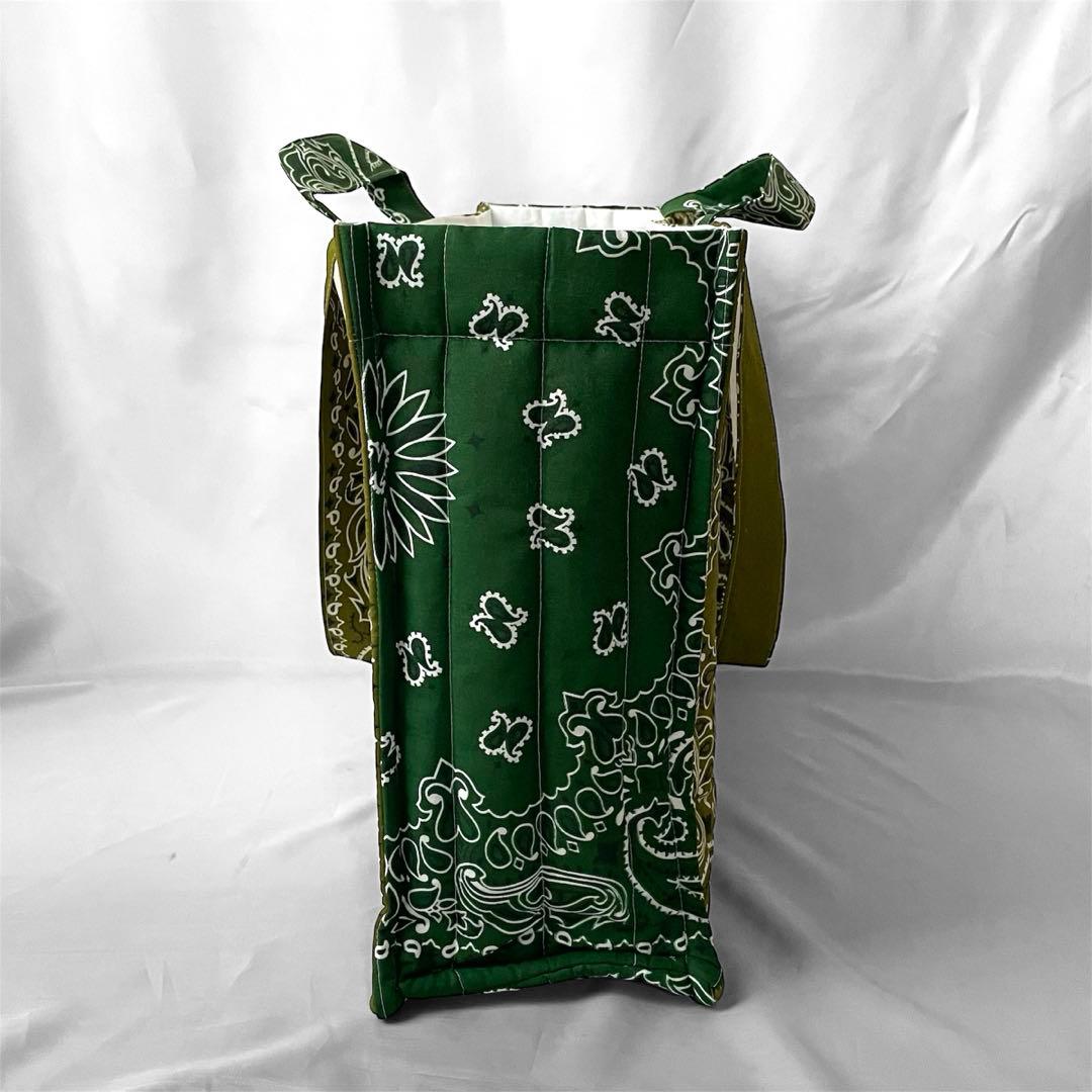 再販⭐︎キルトビッグトート　オリーブ×グリーン ペイズリー柄　ダブルハンドル