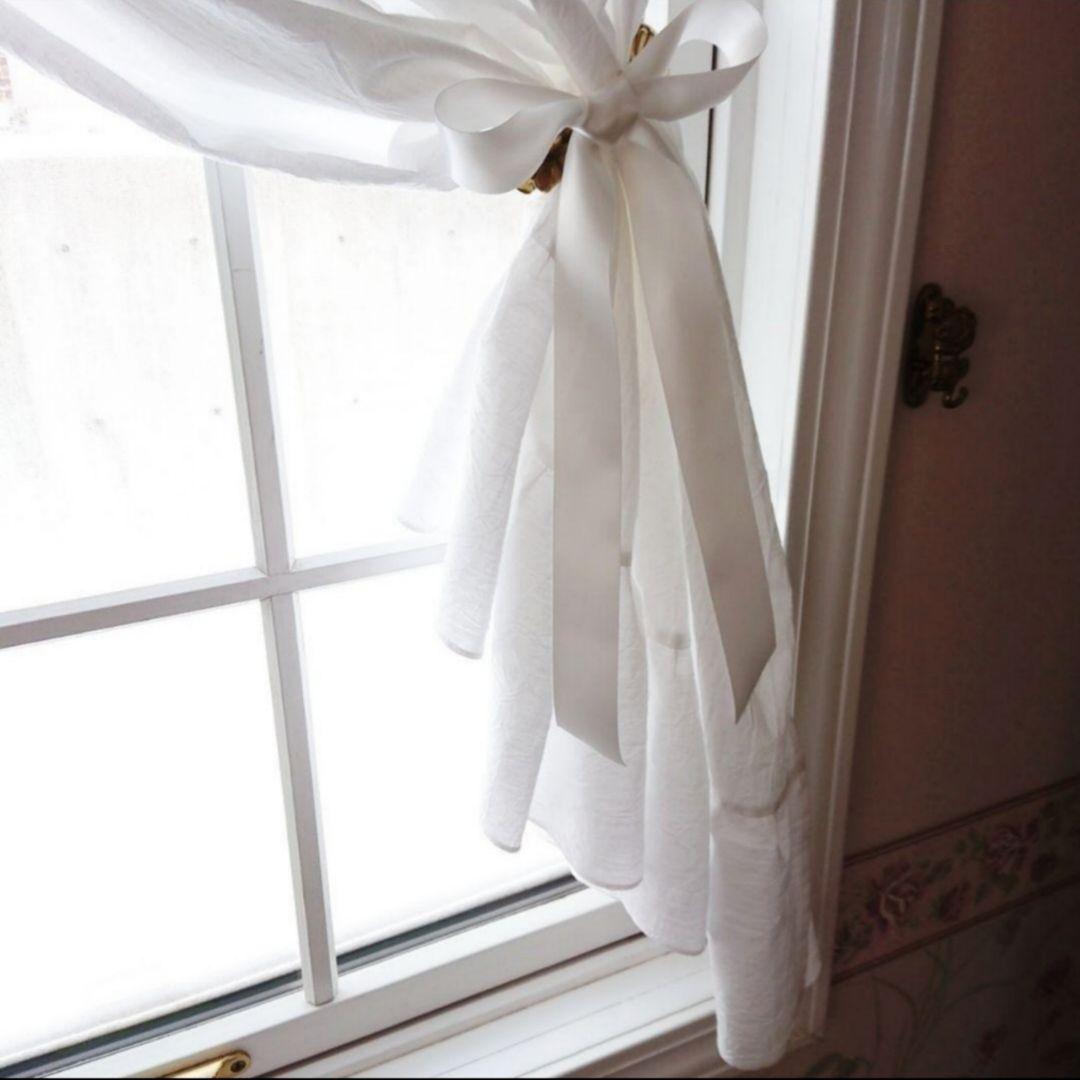 ホワイトコットン♪両開きフリルカフェカーテン♡︎サテンリボンクリップ付き