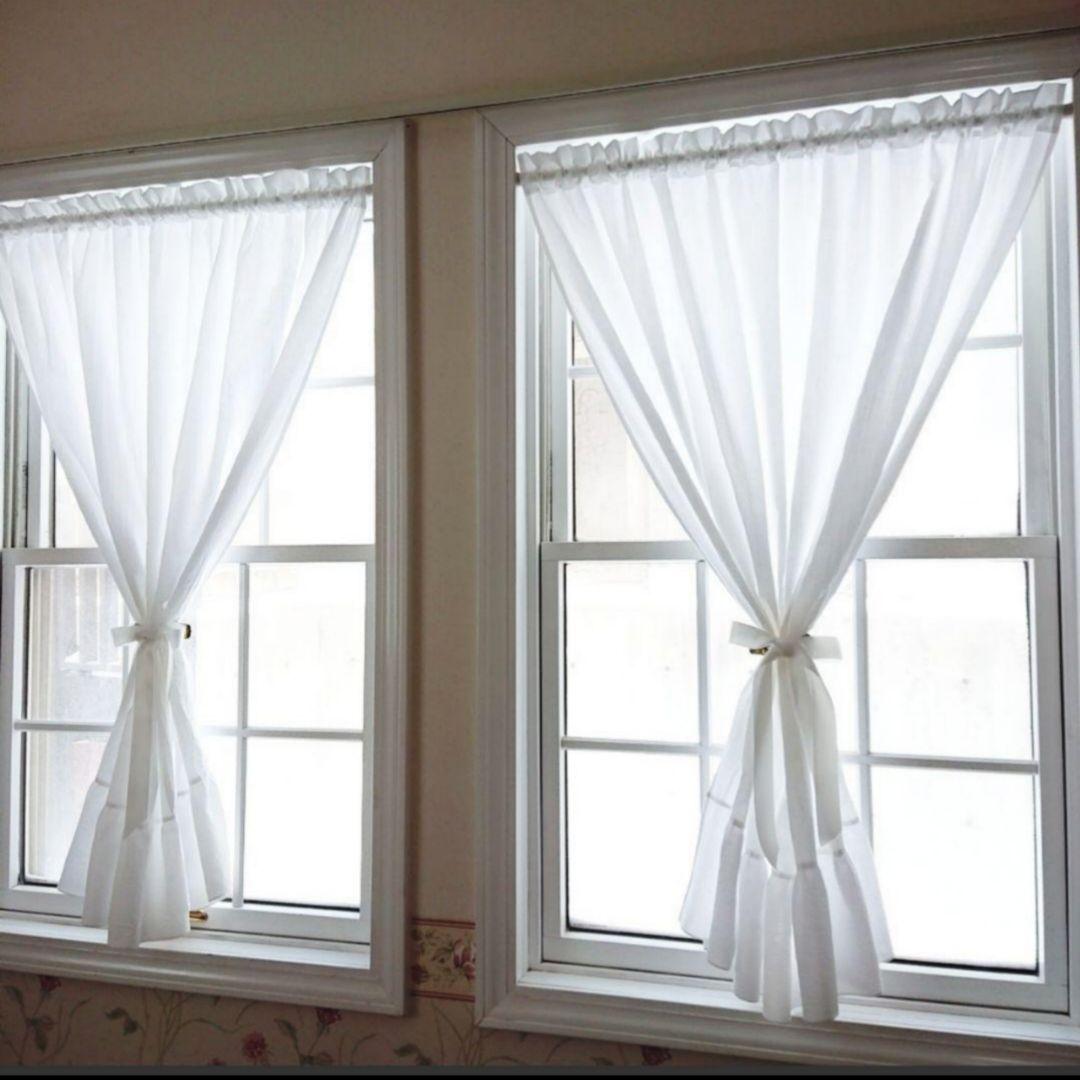 ホワイトコットン♪両開きフリルカフェカーテン♡︎サテンリボンクリップ付き
