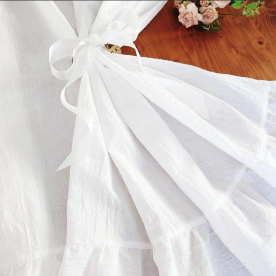 ホワイトコットン♪両開きフリルカフェカーテン♡︎サテンリボンクリップ付き