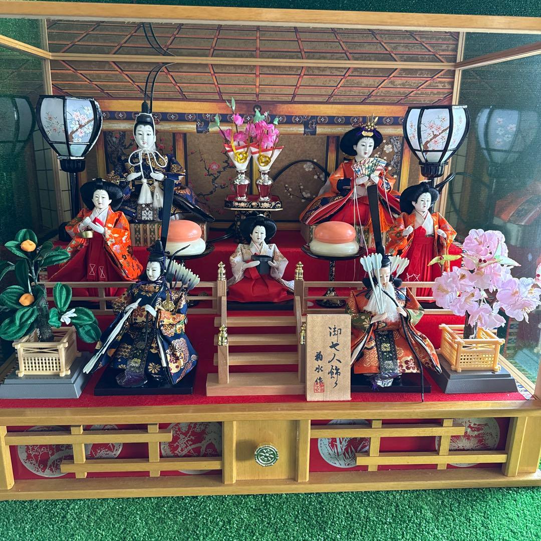 ＆【A0181】 特選 菊水作 古雛人形飾 御七人飾り オルゴール/灯り付