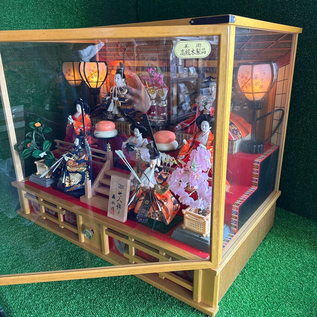 ＆【A0181】 特選 菊水作 古雛人形飾 御七人飾り オルゴール/灯り付
