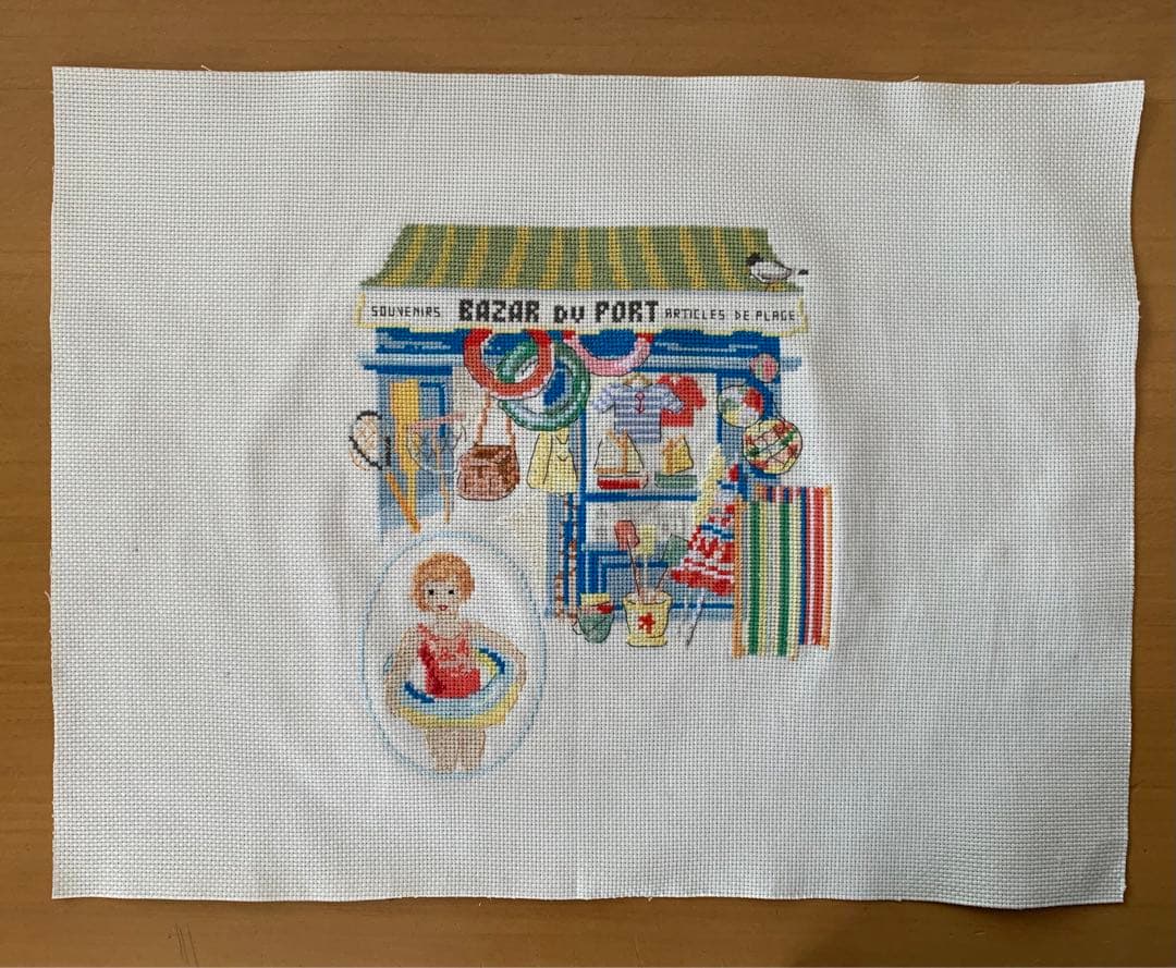 ハンドメイド　クロスステッチ完成品　海辺のマーケット　ヴェロニクアンジャンジェ