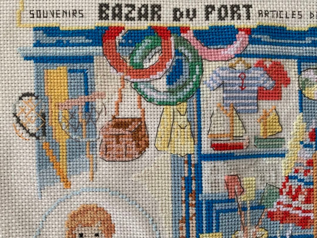 ハンドメイド　クロスステッチ完成品　海辺のマーケット　ヴェロニクアンジャンジェ