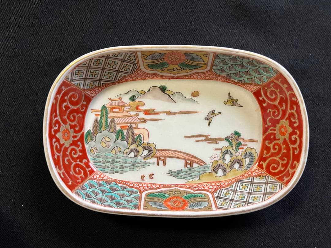 -*♡様 【手描き】 色絵 削り高台 長角皿 8客 管理A3700 有田 古伊万