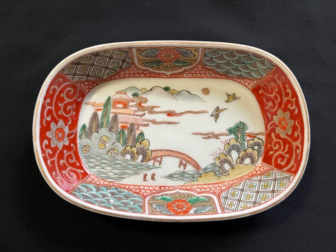 -*♡様 【手描き】 色絵 削り高台 長角皿 8客 管理A3700 有田 古伊万