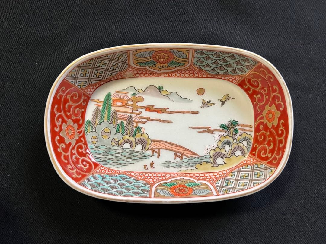 -*♡様 【手描き】 色絵 削り高台 長角皿 8客 管理A3700 有田 古伊万