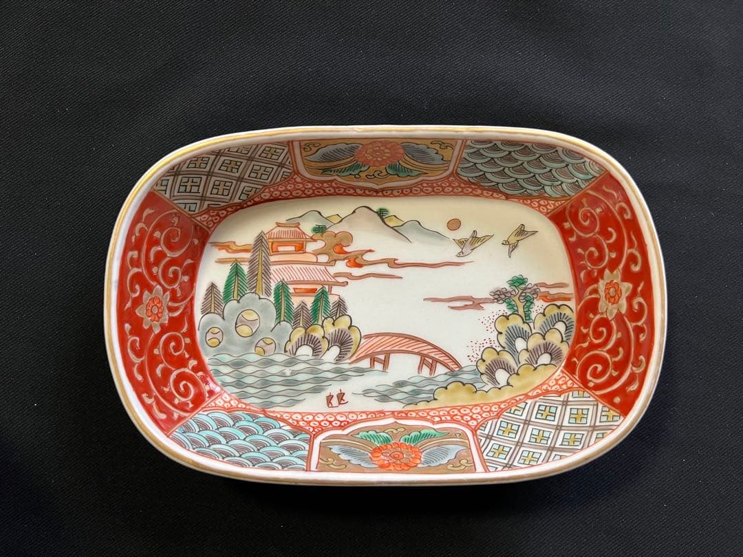 -*♡様 【手描き】 色絵 削り高台 長角皿 8客 管理A3700 有田 古伊万