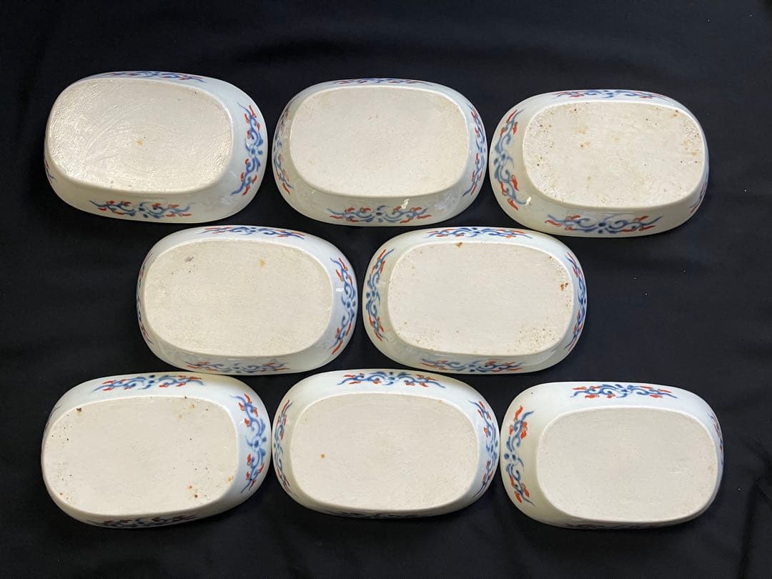 -*♡様 【手描き】 色絵 削り高台 長角皿 8客 管理A3700 有田 古伊万