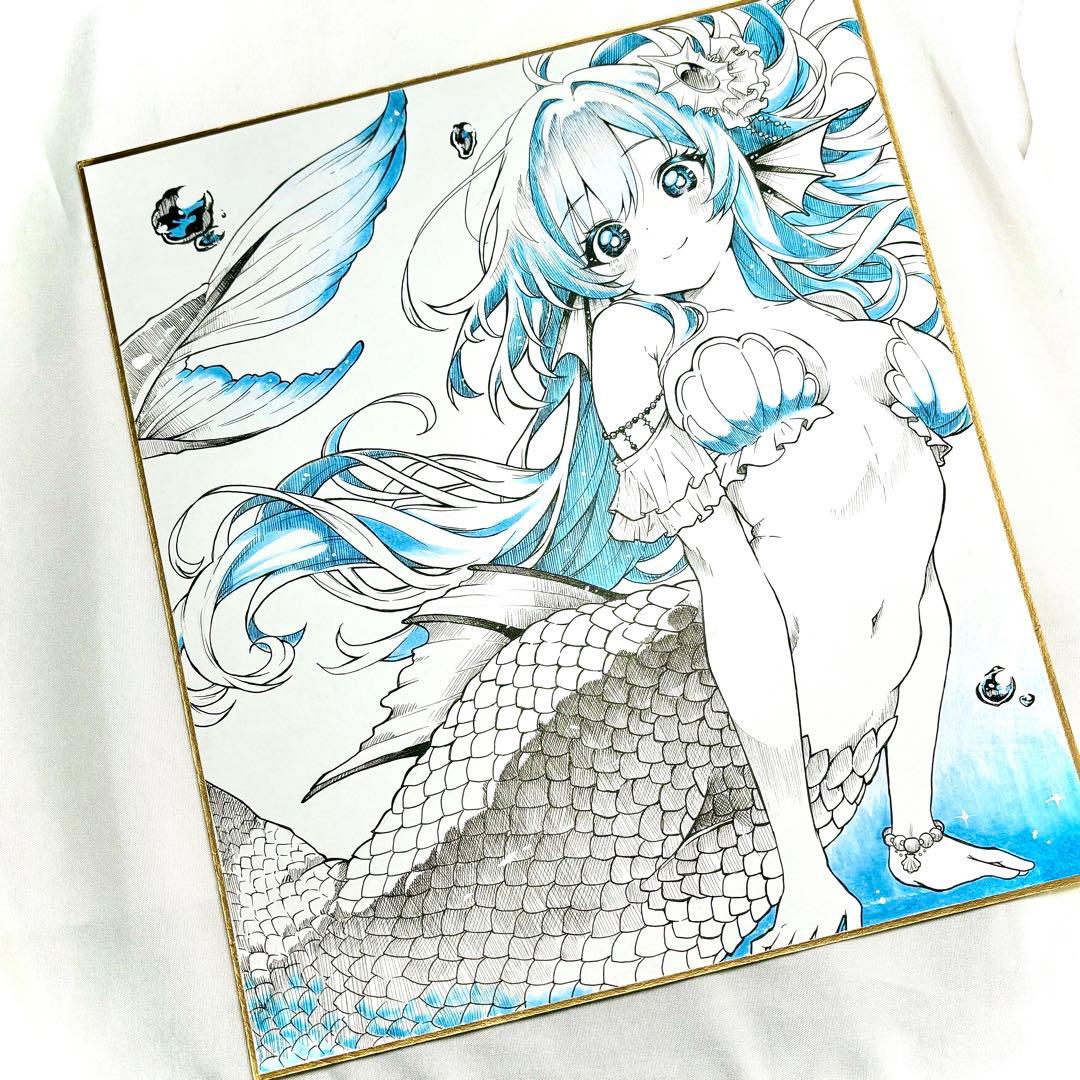 ケ*キ様 オリジナル手描きイラスト 【ひとしずくの蒼】アナログ大色紙　人魚イラス