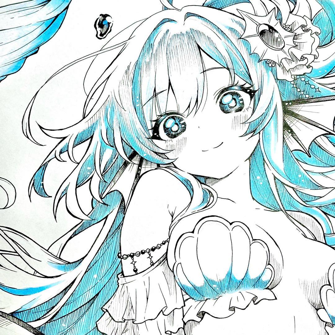 ケ*キ様 オリジナル手描きイラスト 【ひとしずくの蒼】アナログ大色紙　人魚イラス