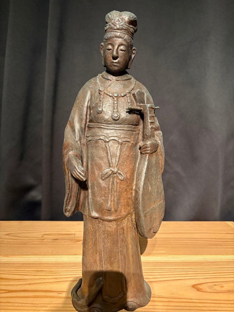 弁財天像 高さ約38cm 金属製 琵琶 七福神 桐箱付 古美術風(一部修復歴有)