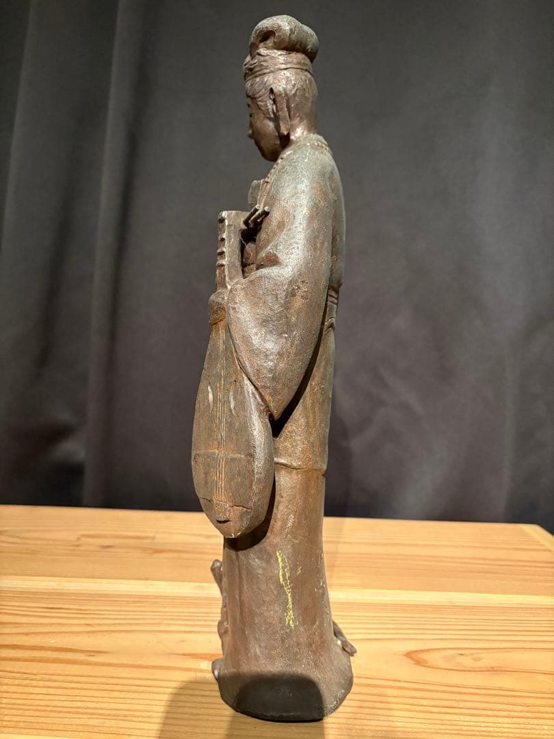 弁財天像 高さ約38cm 金属製 琵琶 七福神 桐箱付 古美術風(一部修復歴有)