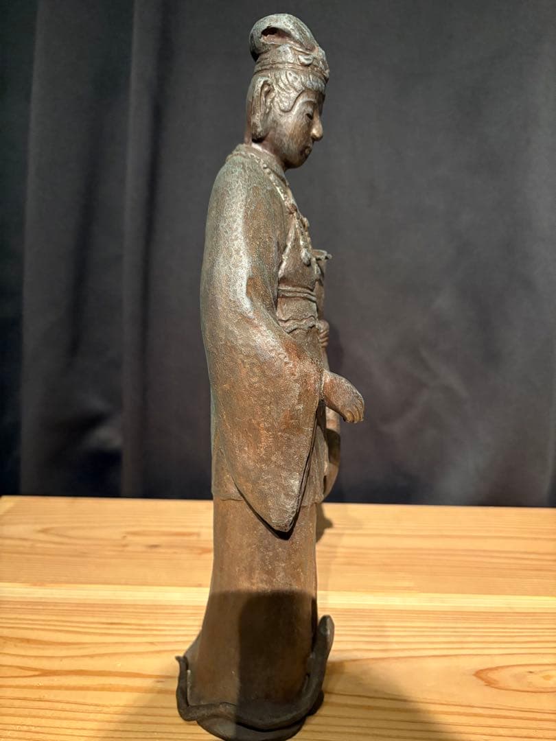 弁財天像 高さ約38cm 金属製 琵琶 七福神 桐箱付 古美術風(一部修復歴有)