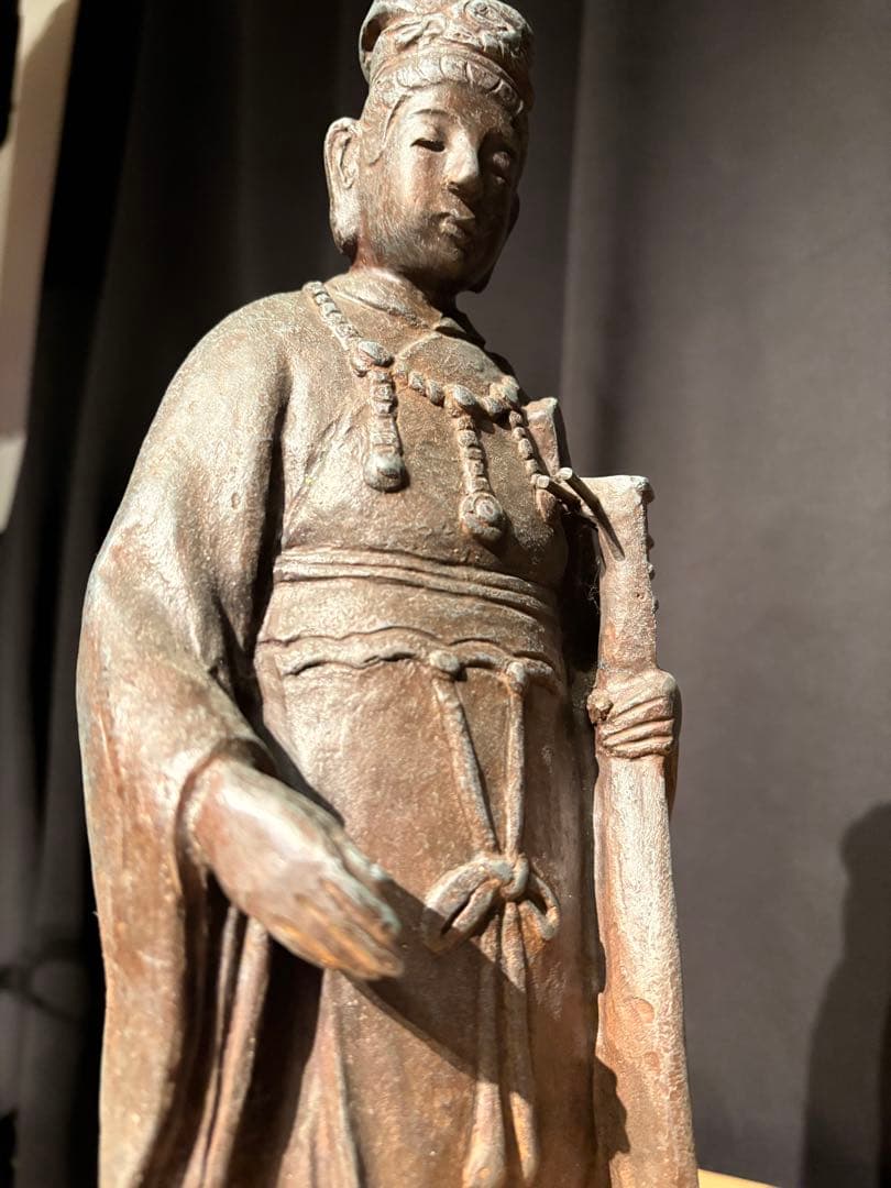 弁財天像 高さ約38cm 金属製 琵琶 七福神 桐箱付 古美術風(一部修復歴有)