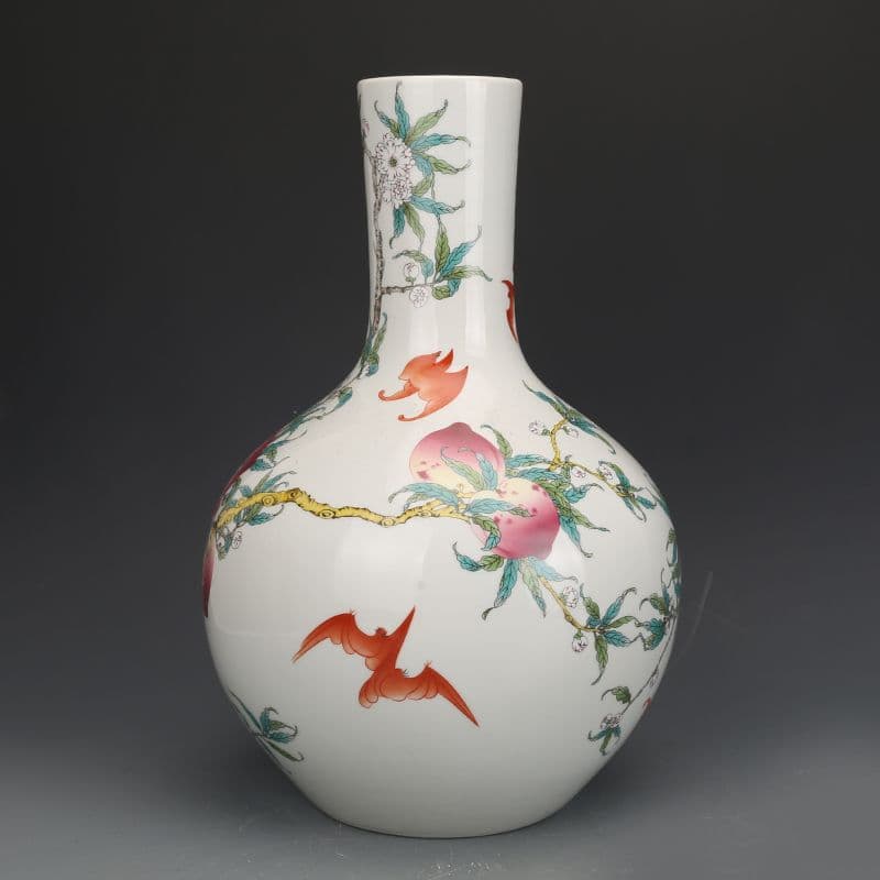 清乾隆粉彩福寿九桃天球瓶 景徳鎮 陶磁器 装飾品 現代工芸品 美術品 置物