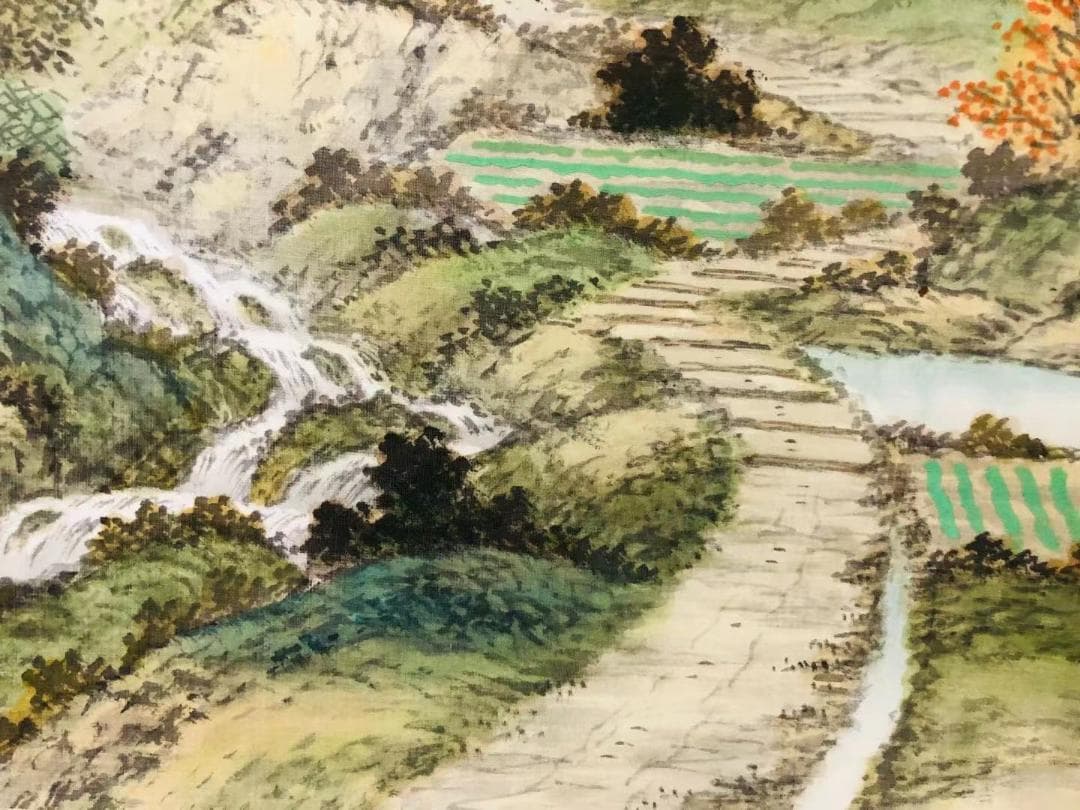 掛軸 羽田晃雅『盛秋 秋景山水』日本画 絹本 肉筆 共箱付 掛け軸 R10171