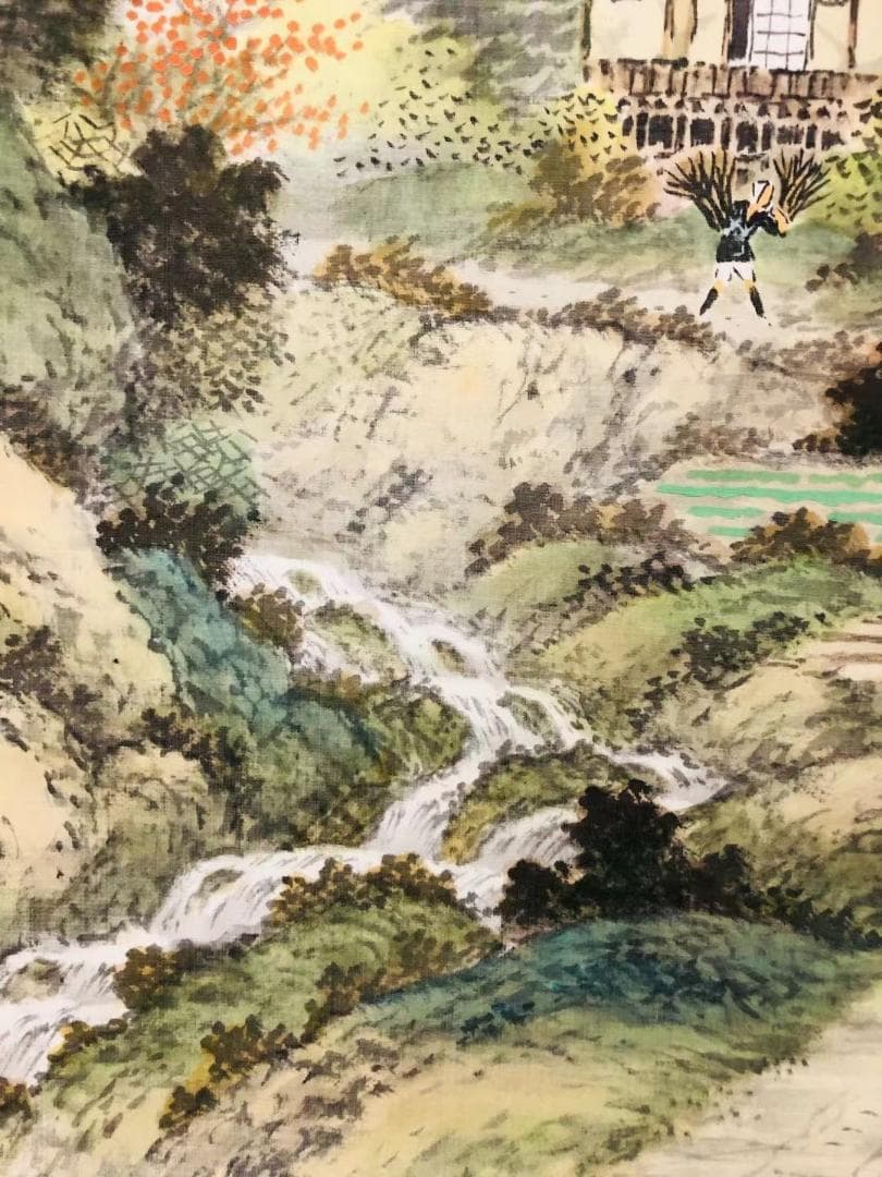 掛軸 羽田晃雅『盛秋 秋景山水』日本画 絹本 肉筆 共箱付 掛け軸 R10171