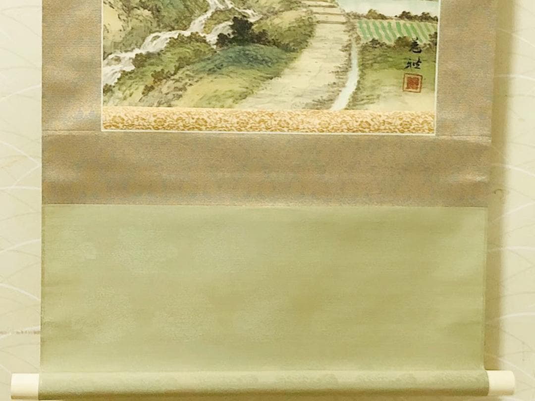 掛軸 羽田晃雅『盛秋 秋景山水』日本画 絹本 肉筆 共箱付 掛け軸 R10171