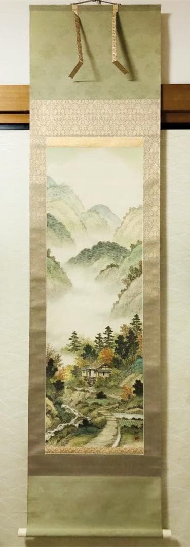 掛軸 羽田晃雅『盛秋 秋景山水』日本画 絹本 肉筆 共箱付 掛け軸 R10171