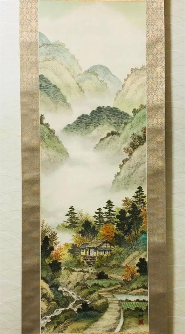 掛軸 羽田晃雅『盛秋 秋景山水』日本画 絹本 肉筆 共箱付 掛け軸 R10171