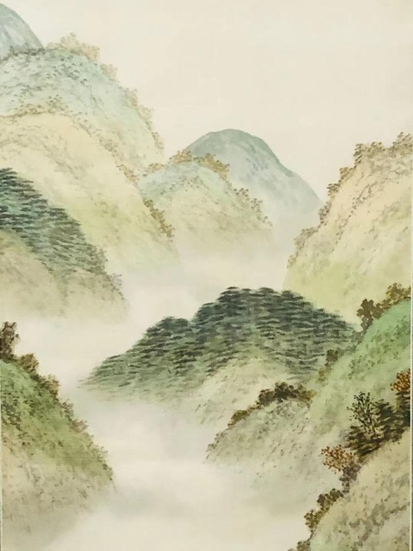 掛軸 羽田晃雅『盛秋 秋景山水』日本画 絹本 肉筆 共箱付 掛け軸 R10171