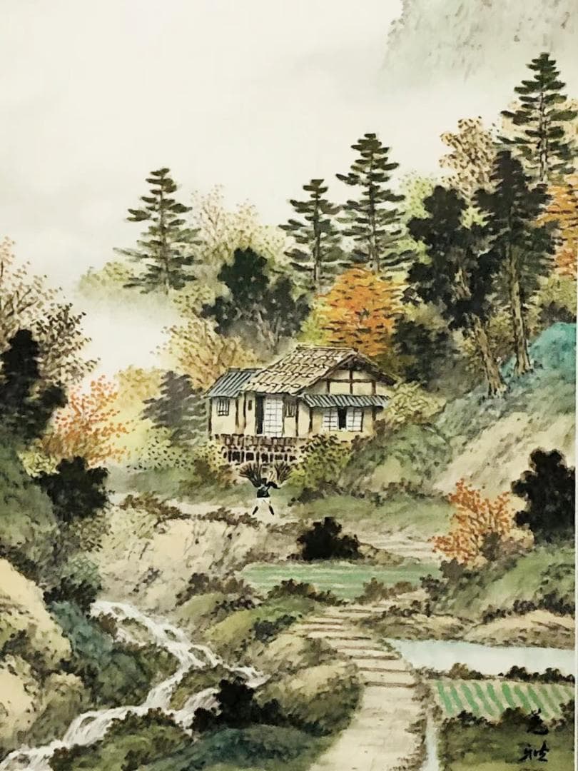 掛軸 羽田晃雅『盛秋 秋景山水』日本画 絹本 肉筆 共箱付 掛け軸 R10171