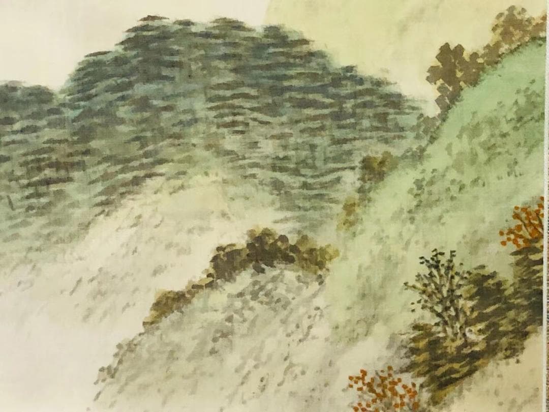 掛軸 羽田晃雅『盛秋 秋景山水』日本画 絹本 肉筆 共箱付 掛け軸 R10171