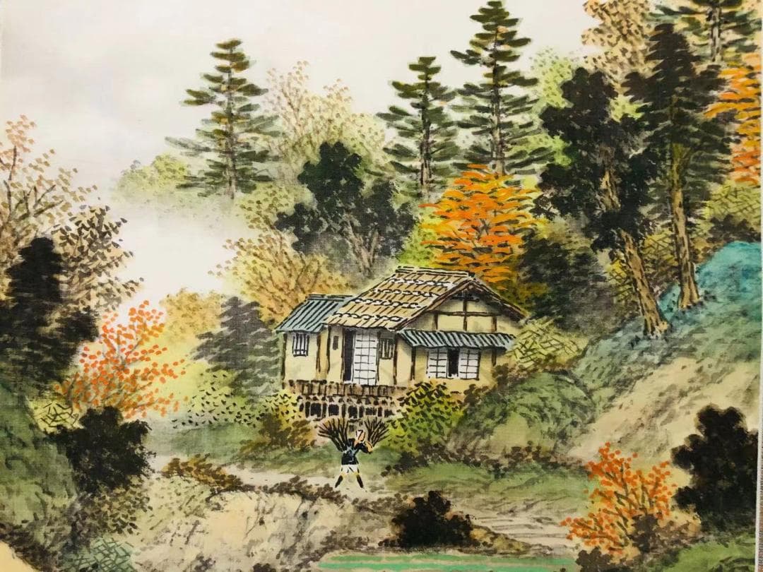 掛軸 羽田晃雅『盛秋 秋景山水』日本画 絹本 肉筆 共箱付 掛け軸 R10171