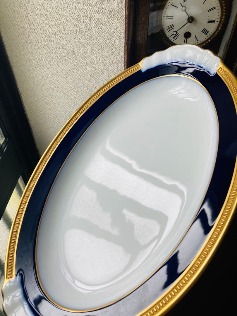 大倉陶園　瑠璃　エンボス　金蝕　クラウン 皿　オーバルプレート　1枚　約36cm