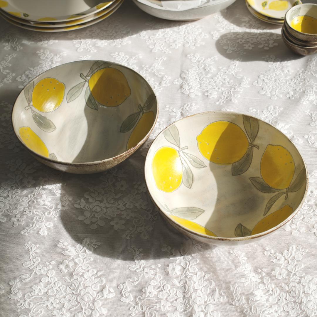 【未使用】会津本郷焼レモン柄の丸大鉢２つセット
